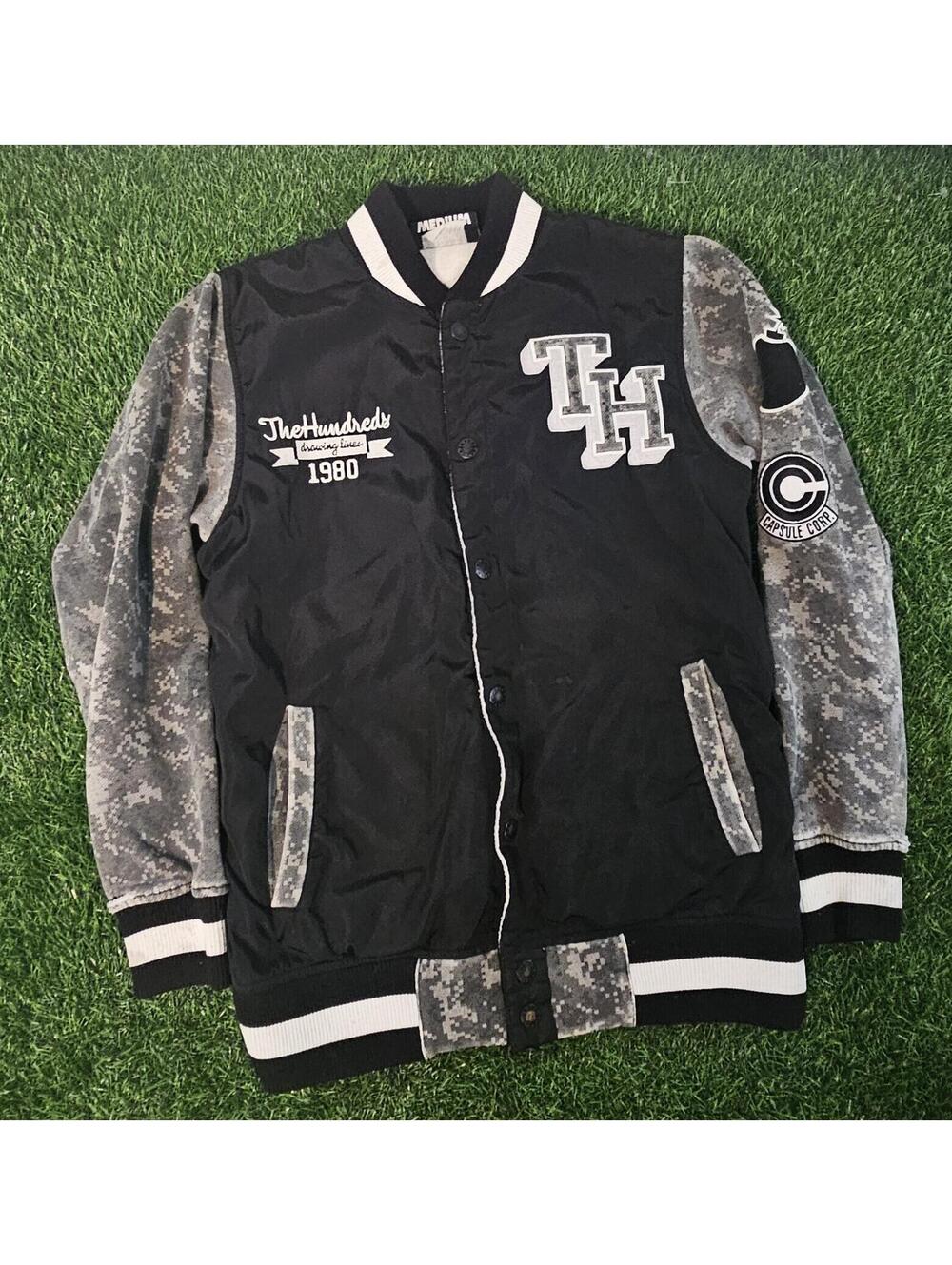 Men's The Hundreds "HUGE" Varsity Style Jacket Black Gray Snap Size Medium